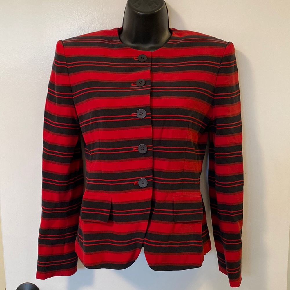 NWT - Jones New York 100% Silk Red Black Striped Jacket Blazer - Size 2P